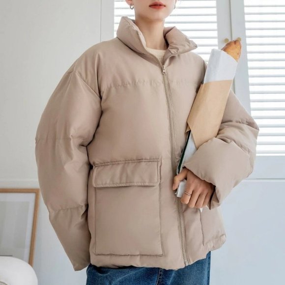 beige Zip up Drawstring Hem Flap Pocket Puffer Coat Comfy fall winter - Picture 3 of 8